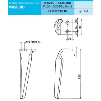 DENTE ERPICE ROTANTE MASCHIO DIAMANTE. INTERASSE FORI MM. 50.