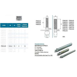 PIEDINI INDUSTRIALI CON STELI FILETTATI INOX  16 MA. DM. MM. 14,8. C 75. CHIAVE 16