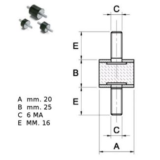 ANTIVIBRANTE  IN GOMMA NERA MM 20x25 2 VITI M6X16