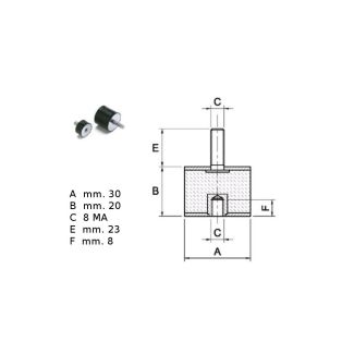 ANTIVIBRANTE IN GOMMA NERA MF 30x20 1 VITE M8X23