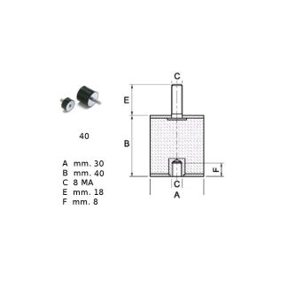 ANTIVIBRANTE IN GOMMA NERA. mm. 30X40. FILETTO M/F 8MA