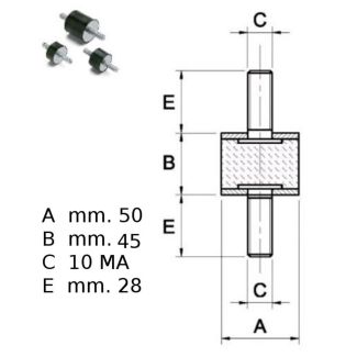 ANTIVIBRANTE IN GOMMA NERA MM 50x45 2 VITI M10X28