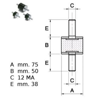 ANTIVIBRANTE IN GOMMA NERA MM 75x50 2 VITI M12X37