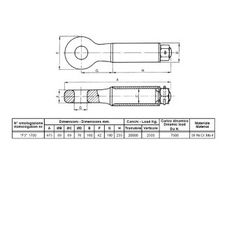 OCCHIONE OMOLOGATO F3 1700. MATERIALE 38NiCrMo4. PORTATA AL TRAINO KG. 20000, PORTATA STATICA KG. 25