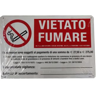 CARTELLO IN ALLUMINIO AUTOADESIVO MULTISIMBOLO 'VIETATO FUMARE CON NORMATIVA'. DIMENSIONI MM.  300X2