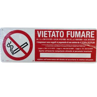 CARTELLO IN ALLUMINIO AUTOADESIVO 'VIETATO FUMARE CON ART.' DIMENSIONI MM. 350X125 (CON NORMATIVA)