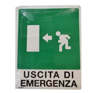 CARTELLO AUTOADESIVO IN ALLUMINIO 'USCITA DI EMERGENZA SINISTRA. DIMENSIONI MM. 250X310