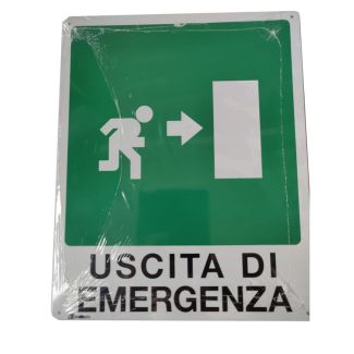 CARTELLO IN ALLUMINIO AUTOADESIVO 'USCITA DI EMERGENZA DESTRA.. DIMENSIONI MM. 250X310