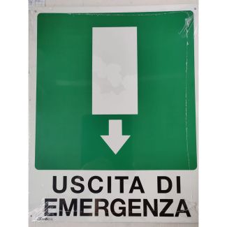 CARTELLO AUTOADESIVO 'USCITA D' EMERGENZA FRECCIA BASSO'. MM. 310x250