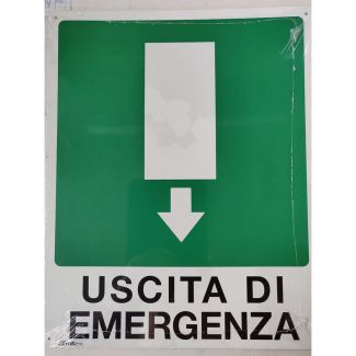 CARTELLO IN ALLUMINIO AUTOADESIVO 'USCITA D' EMERGENZA FRECCIA BASSO'. DIMENSIONI MM. 310x250