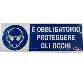 CARTELLO IN ALLUMINIO AUTOADESIVO 'OBBLIGO PROTEGGERE GLI OCCHI'. DIMENSIONI MM. 350X125