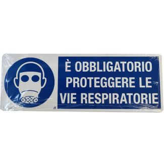 CARTELLO IN ALLUMINIO AUTOADESIVO 'OBBLIGO PROTEGGERE VIE RESPIRATORIE'. DIMENSIONI MM.  350X125