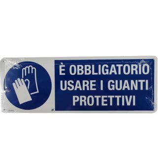 CARTELLO AUTOADESIVO 'OBBLIGO USARE GUANTI PROTEZIONE'. MM. 350X125