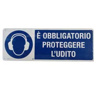 CARTELLO IN ALLUMINIO AUTOADESIVO 'OBBLIGO PROTEGGERE  L'UDITO'. DIMENSIONI MM.  350X125