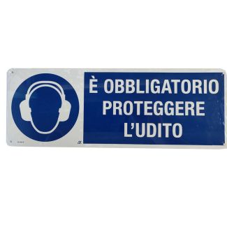 CARTELLO AUTOADESIVO 'OBBLIGO PROTEGGERE  L'UDITO'. MM. 350X125