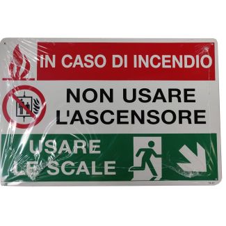 CARTELLO AUTOADESIVO 'IN CASO DI INCENDIO NON USARE L'ASCENSORE, USARE LE SCALE'. MM. 300X200