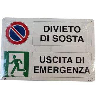 CARTELLO AUTOADESIVO 'DIVIETO SOSTA USCITA D'EMERGENZA'. MM. 300X200