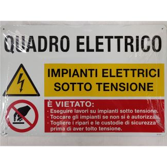 CARTELLO AUTOADESIVO 'QUADRO ELETTRICO, IMPIANTI ELETTRICI SOTTO TENSIONE'. MM. 300X200