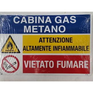 CARTELLO IN ALLUMINIO AUTOADESIVO MULTISIMBOLO 'CABINA GAS METANO, ATTENZIONE MATERIALE INFIAMMABILE