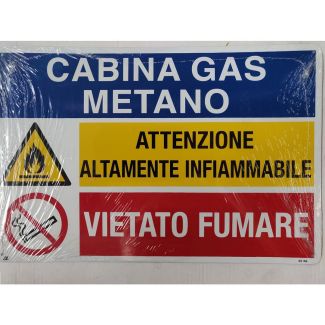 CARTELLO AUTOADESIVO 'CABINA GAS METANO, ATTENZIONE MATERIALE INFIAMMABILE, VIETATO FUMARE'. MM. 300