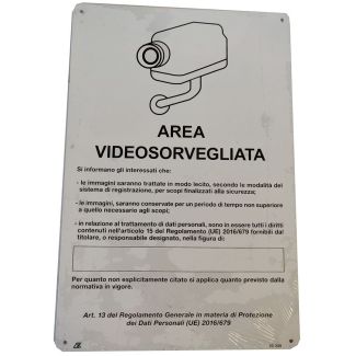 CARTELLO IN ALLUMINIO AUTOADESIVO   'AREA VIDEOSORVEGLIATA CON DECRETO LEGGE '. DIMENSIONI MM.  200X