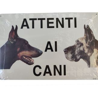 CARTELLO IN ALLUMINIO AUTOADESIVO  'ATTENTI AI CANI '. DIMENSIONI MM.  300X200