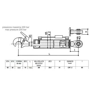 TERZO PUNTO IDRAULICO STELO DA 35, CORSA 400, LUNGO 745,  VALVOLA DI BLOCCO 3/8. GANCIO RAPIDO CAT. 