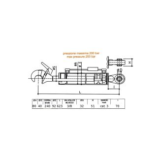 TERZO PUNTO IDRAULICO ALES. DM.80 STELO DM.40 CORSA 240 LUNG. 623 VALVOLA DI BLOCCO 3/8. CON ATTACCO
