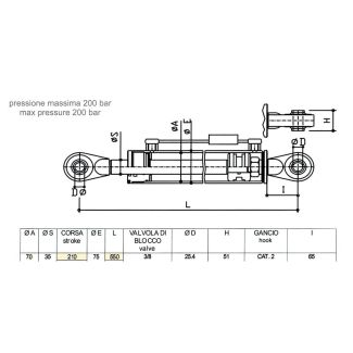 TERZO PUNTO IDRAULICO CAT. 2, FORI mm. 25,4 STELO mm. 35, CORSA mm. 210, LUNGHEZZA mm. 550