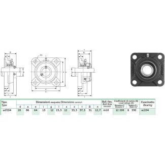 SUPPORTO AUTOALLINEANTE FLANGIATO A 4 FORI CON CUSCINETTO DM. MM. 20