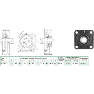 SUPPORTO AUTOALLINEANTE FLANGIATO A 4 FORI CON CUSCINETTO DM. MM. 25