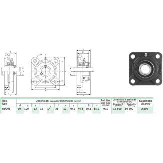 SUPPORTO AUTOALLINEANTE FLANGIATO A 4 FORI CON CUSCINETTO DM. MM. 30