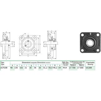 SUPPORTO AUTOALLINEANTE FLANGIATO A 4 FORI CON CUSCINETTO DM. MM. 40