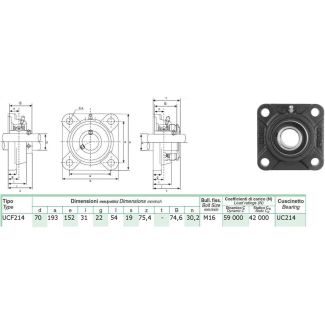 SUPPORTO AUTOALLINEANTE FLANGIATO A 4 FORI CON CUSCINETTO DM. MM. 70