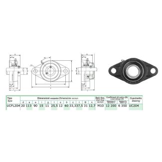 SUPPORTO AUTOALLINEANTE IN GHISA FLANGIATO A 2 FORI CON CUSCINETTO DM. MM. 20