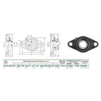 SUPPORTO IN GHISA FLANGIATO A 2 FORI CON CUSCINETTO DM. MM. 25