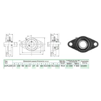 SUPPORTO AUTOALLINEANTE IN GHISA FLANGIATO A 2 FORI CON CUSCINETTO DM. MM. 25