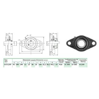SUPPORTO IN GHISA FLANGIATO A 2 FORI CON CUSCINETTO DM. MM. 45