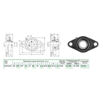 SUPPORTO IN GHISA FLANGIATO A 2 FORI CON CUSCINETTO DM. MM. 50