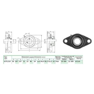 SUPPORTO AUTOALLINEANTE IN GHISA FLANGIATO A 2 FORI CON CUSCINETTO DM. MM. 50