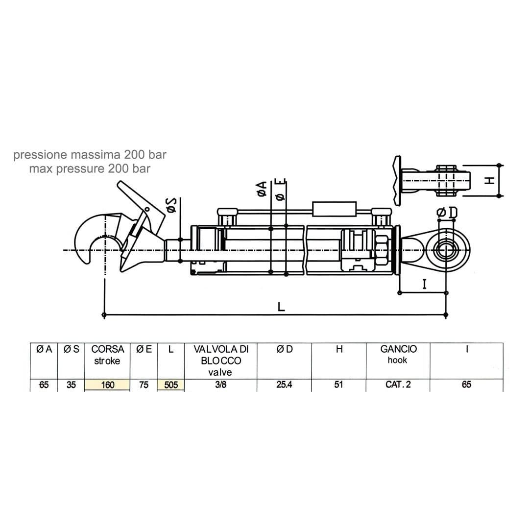 TERZO PUNTO IDRAULICO STELO DA 35, CORSA 160, LUNGO 505, VALVOLA DI BLOCCO  3/8. GANCIO RAPIDO CAT.
